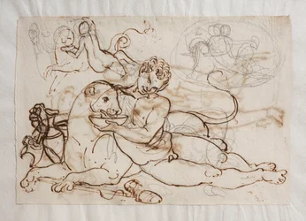 Bacchant (ein junger Satyr) bietet einem Panther zu trinken an